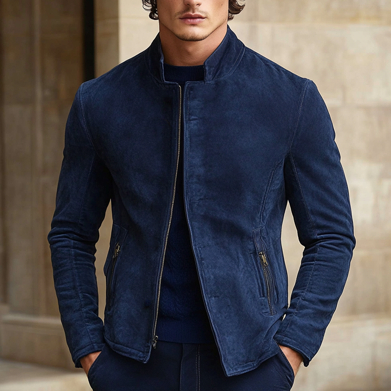 Men's Solid Faux Suede Stand Collar Zip-Up Jacket MTA2643H7X