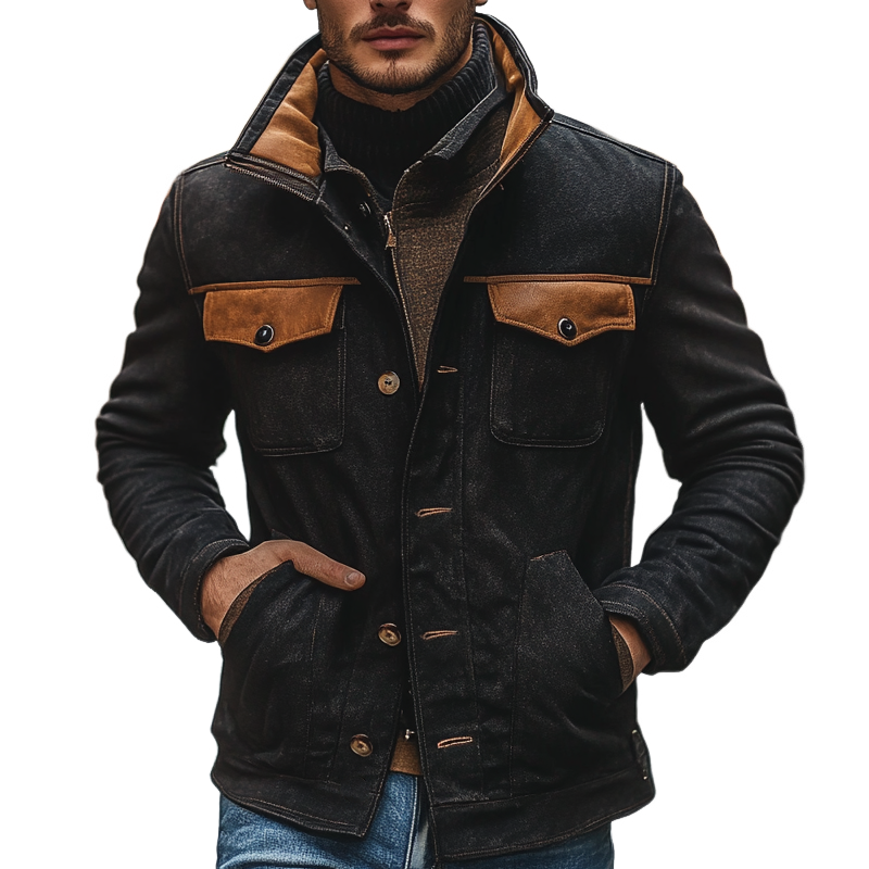 Men's Retro Stitching PU Lapel Single-Breasted Contrast Color Jacket MTA1358I8X