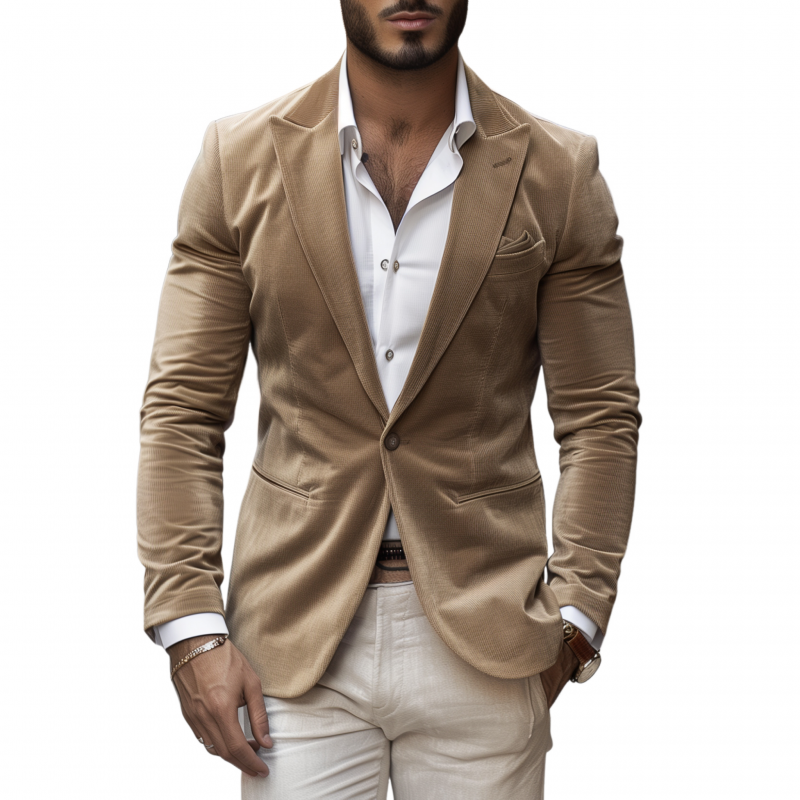 Men's Vintage Elegant Solid Color Corduroy Peak Lapel Single-breasted Slim-fit Blazer MTA3000G4M