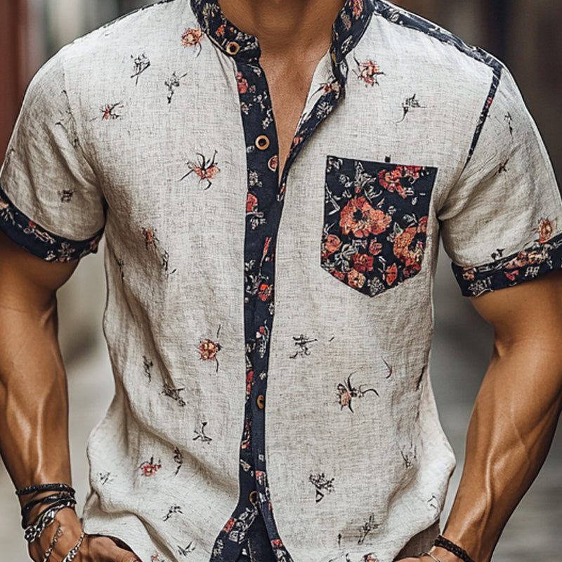 Men's Contrast Floral Print Short Sleeve Lapel Shirt MTA2717E7X