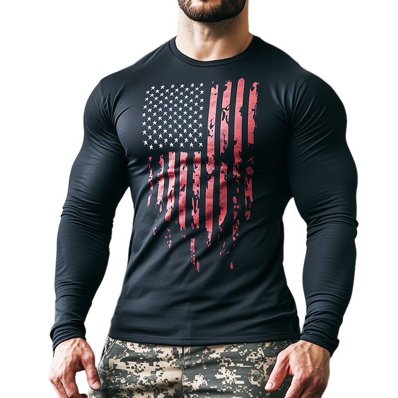 Men's Vintage Casual American Flag Printed Crew Neck Long Sleeve T-Shirt 37774023TO