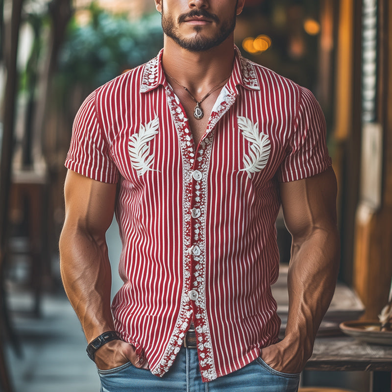 Men's Summer Striped Exquisite Embroidered Short Sleeve Shirt MTA1058E9U