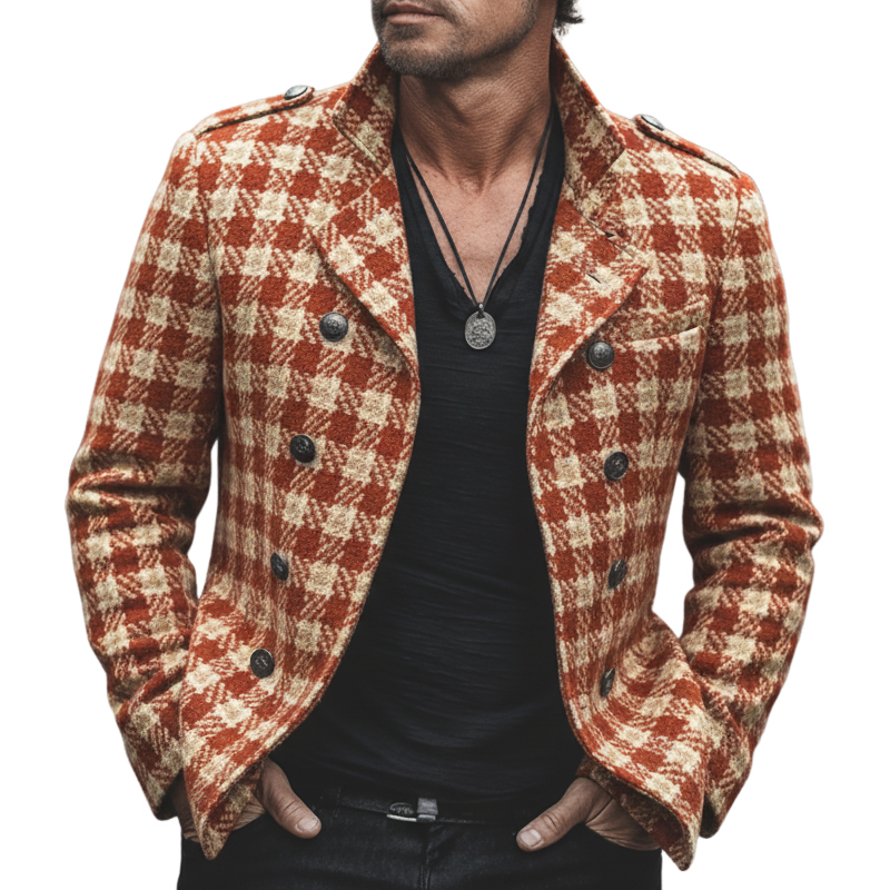 Men's Classic Plaid Double-breasted Notched Lapel Faux Wool Jacket MTA0452L8U