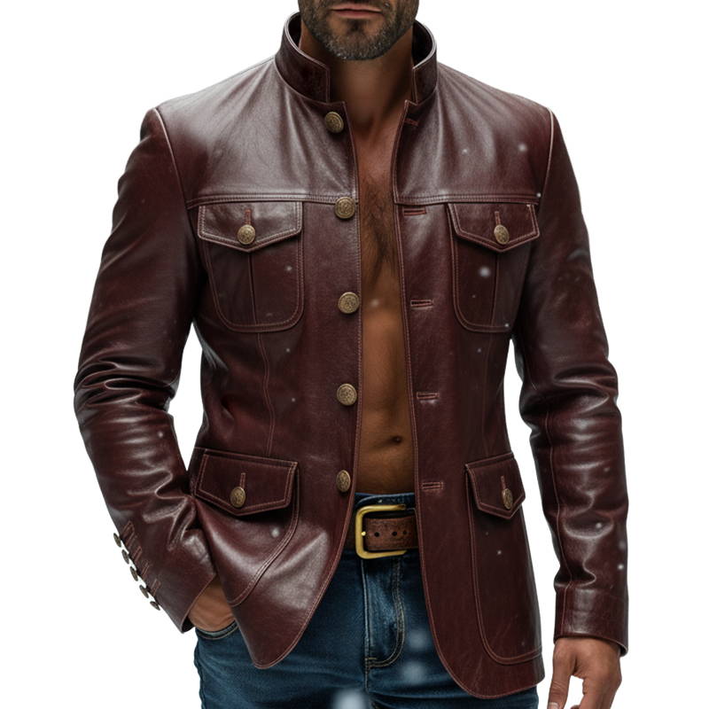 Men's Retro Casual PU Stand Collar Leather Jacket MTA2824K0TO