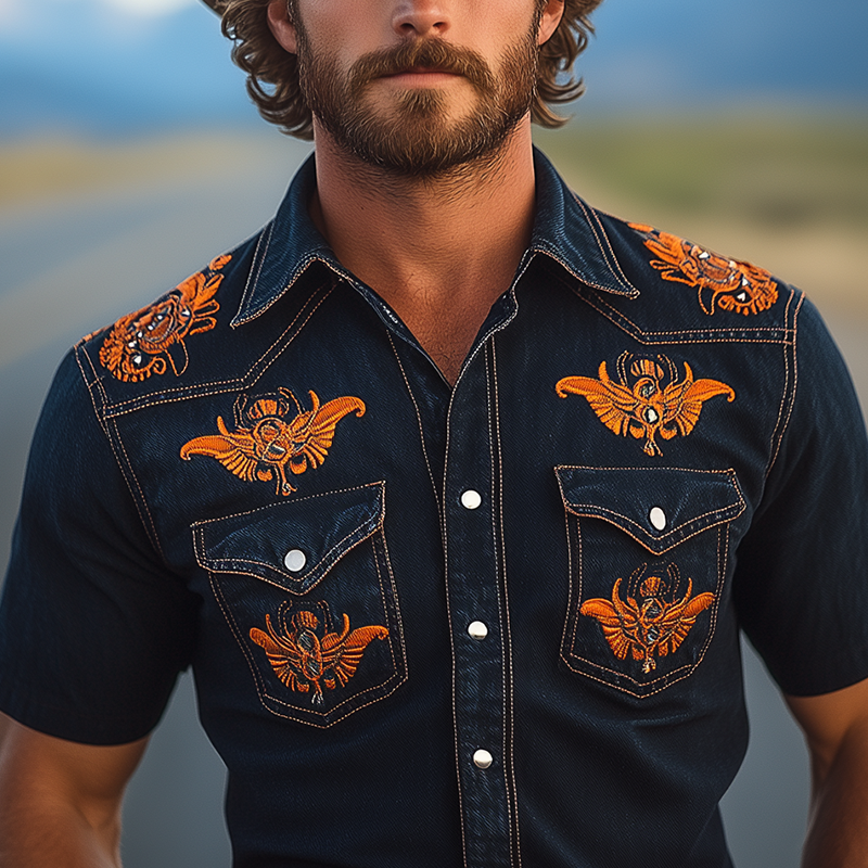 Men's Spring And Summer Fashion Retro Western Cowboy Style Washed Denim Embroidery Metal Button Slim Fit Short Sleeve Shirt MTA1028E3K