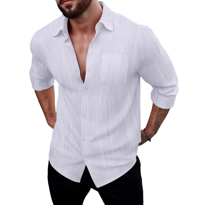 Men's Cotton Blended Solid Color Casual Long Sleeve Shirt MTA1974G7X