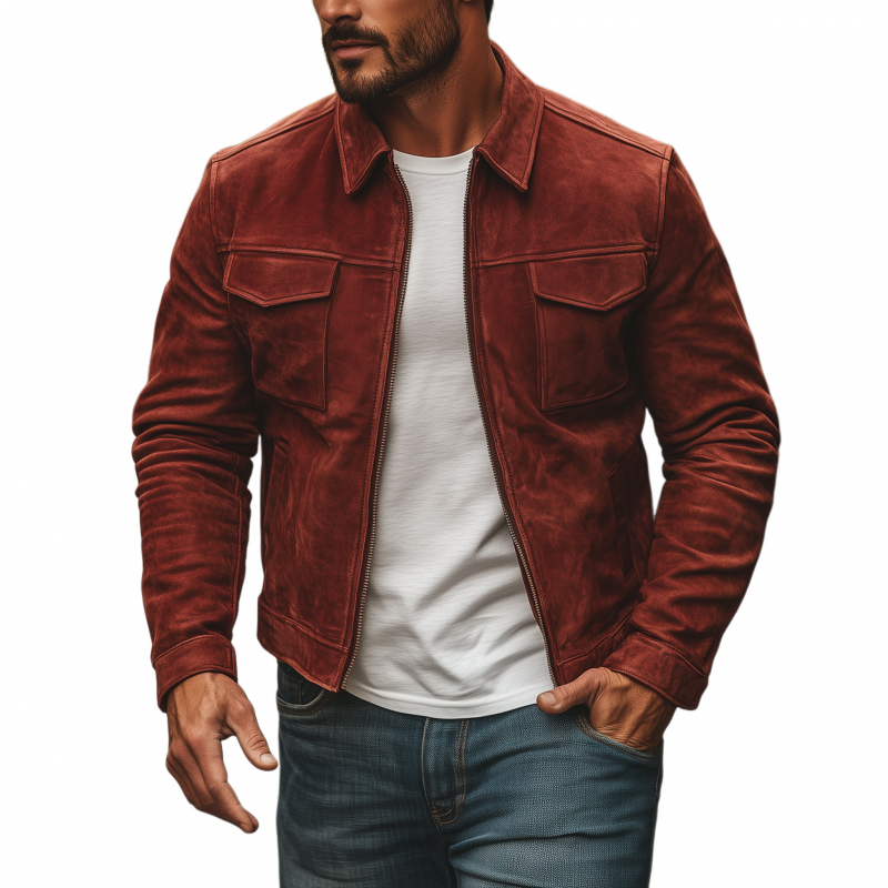 Men's Vintage Solid Color Faux Suede Lapel Zipper Placket Flap Chest Pocket Slim Fit Jacket MTA0506H8M