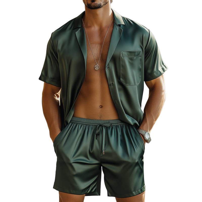 Men's Elegant Sedin Lapel Patch Pocket Slim Short-sleeved Shirt Elastic Waist Shorts Set MTA1341F3M