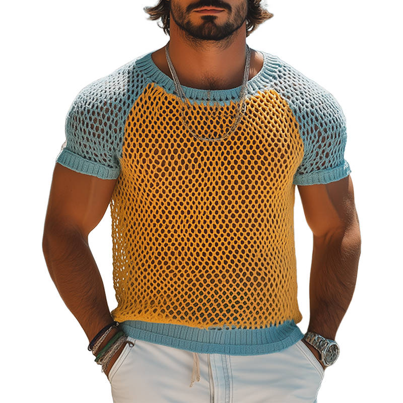 Men's Fashion Casual Hollow Contrast Color Stitching Knitted Round Neck Short-sleeved T-shirt MTA2509F0K