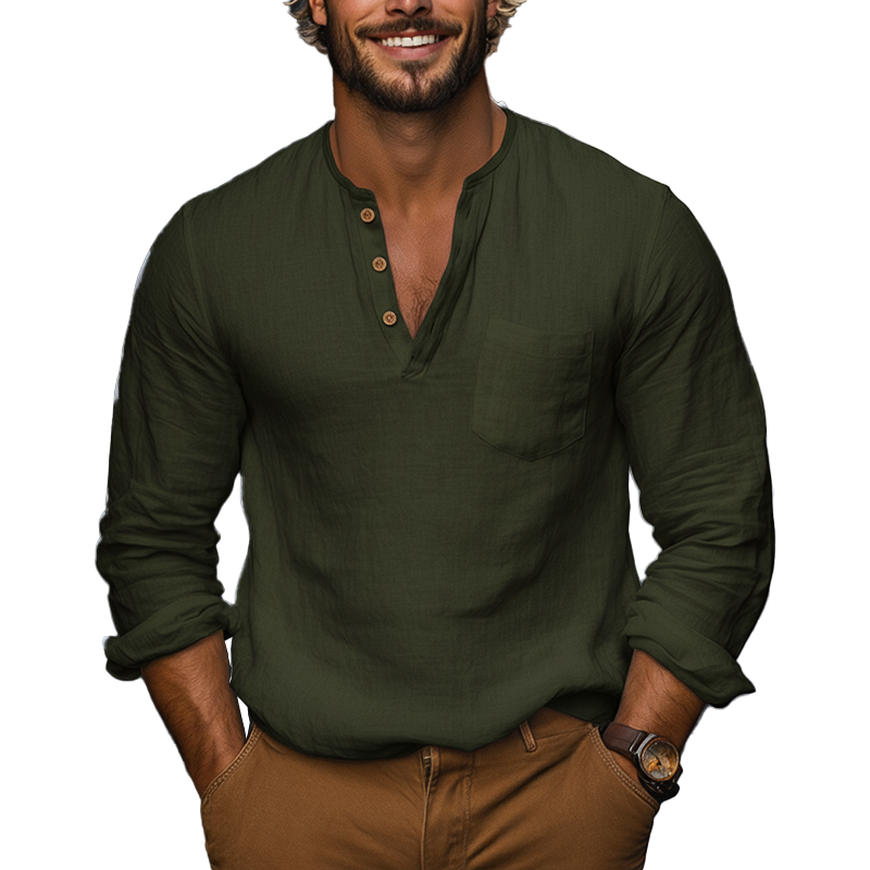 Men's Spring Fashion Pure Cotton Long-sleeved Henley Shirt MTZ2055A7P