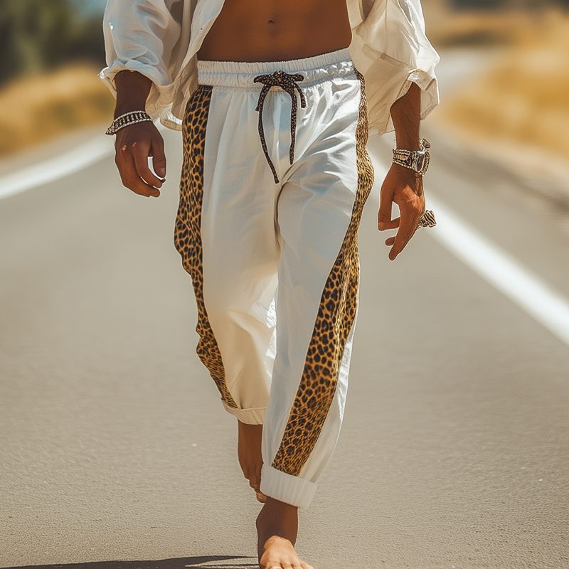 Men's Spring And Summer Fashion Cotton Blended Leopard Print Elastic Waist Casual Pants MTA1349E7K