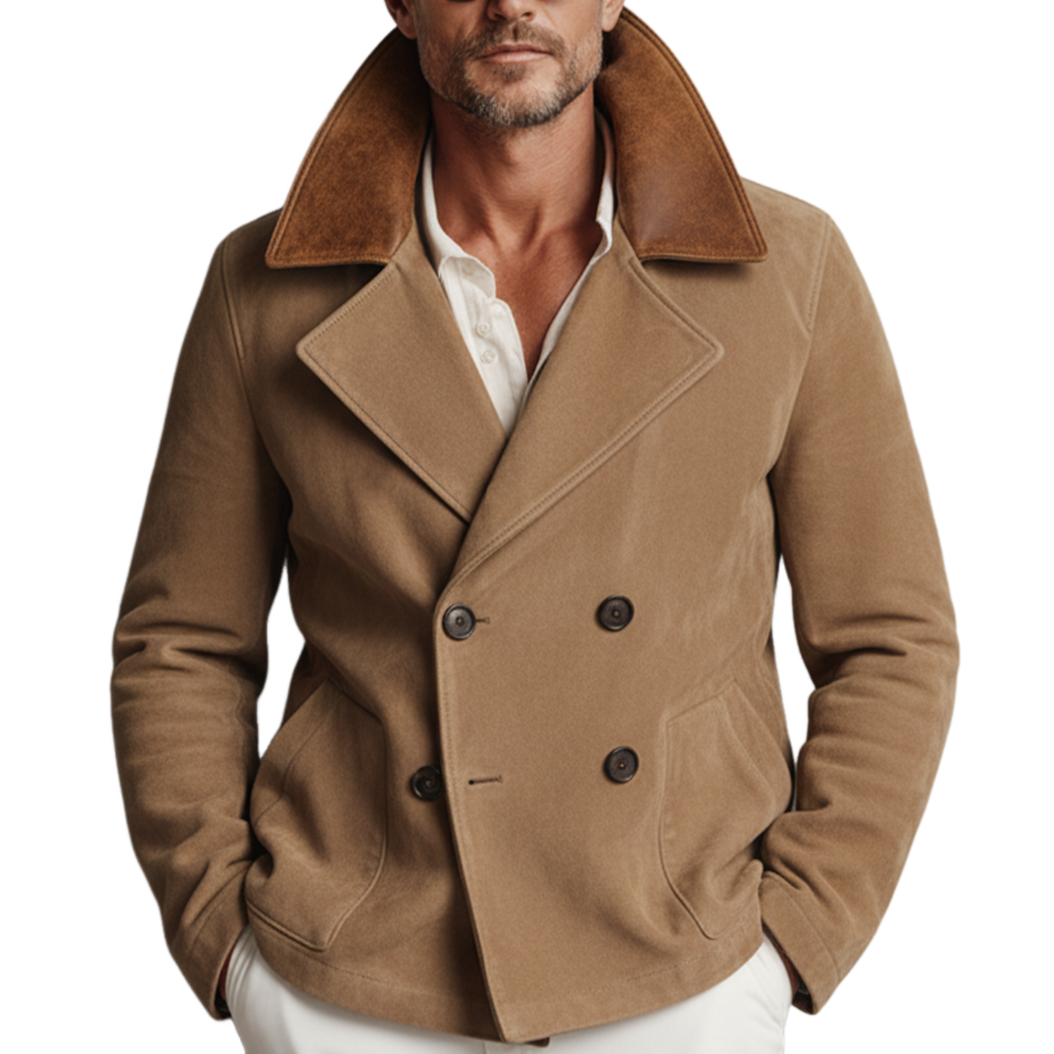 Men's Classic Retro Western Tough Style PU Leather Lapel Double-breasted Faux Suede Jacket MTA2235J5K