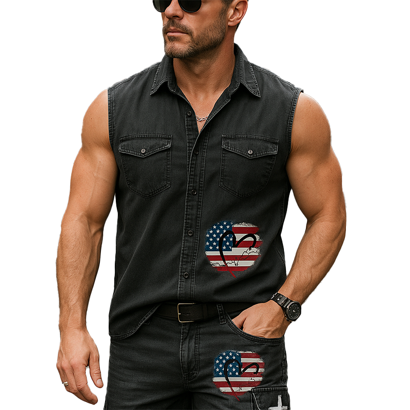 Men's Summer Fashion Patch Denim Sleeveless Shirt MTA2399F8P
