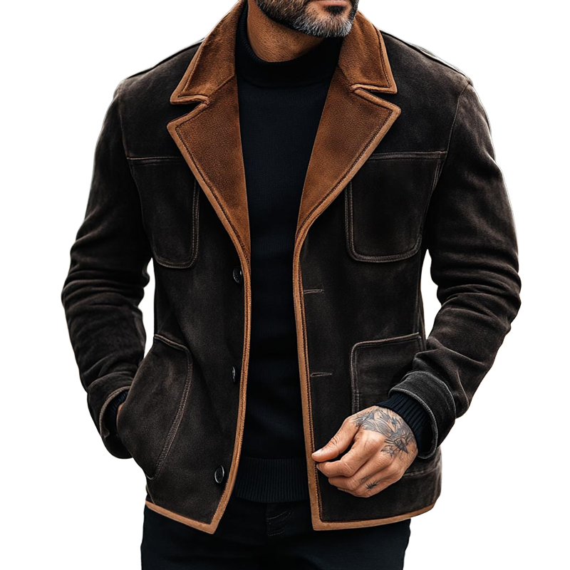 Veste blazer à simple boutonnage en daim colorblock à revers crantés et poches multiples pour homme 21898122Z