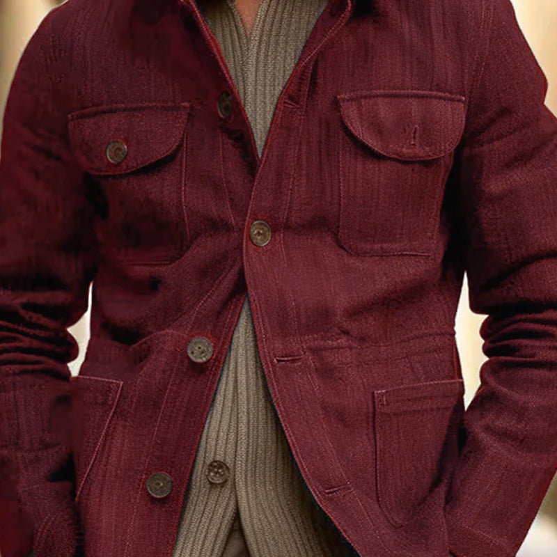 Men's Vintage Linen Blended Lapel Multi-pocket Single Breasted Jacket 40833736M