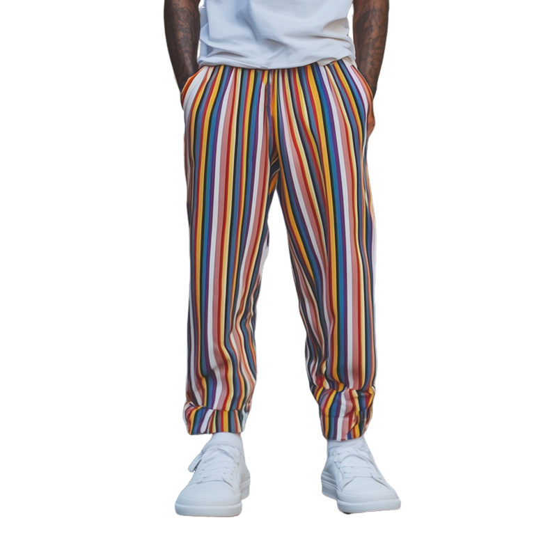 Men's Casual Colorful Stripe Printed Elastic Waist Loose Tapered Pants MTA2285D5M