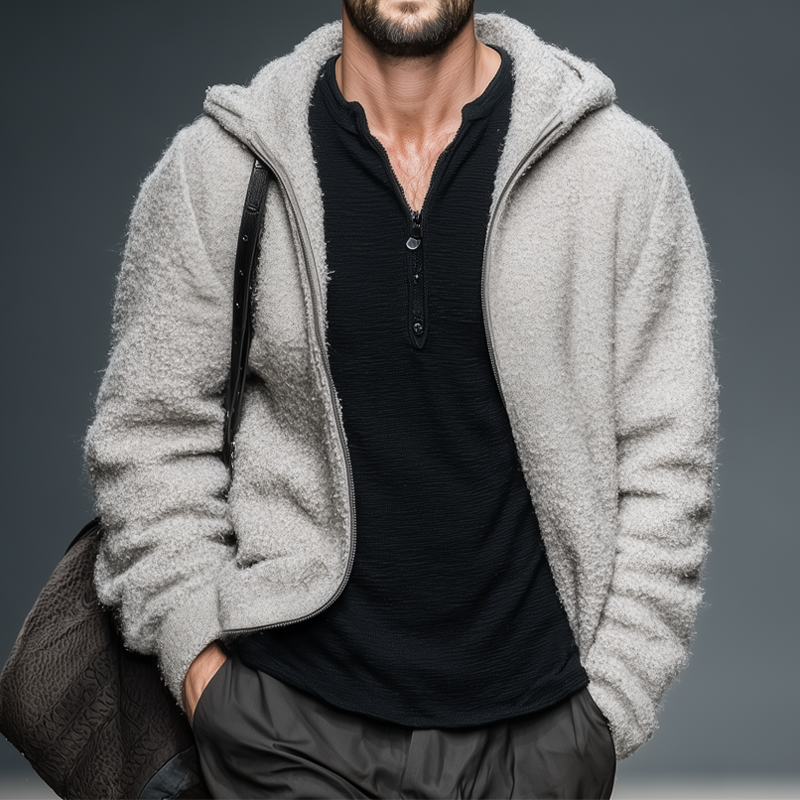 Men's Casual Light Grey Polar Fleece Zip-Up Hooded Jacket MTA2229J6U