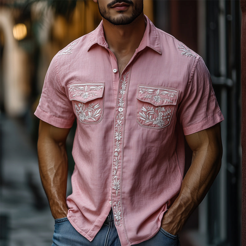 Men's Casual Pink Vintage Embroidered Blend Short-sleeved Shirt 73106502U