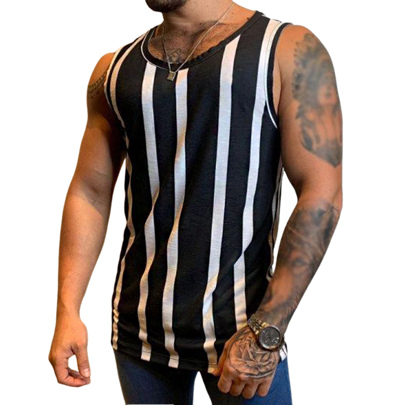 Men's Retro Casual Striped Print Crew Neck Tank Top MTA1972C5TO