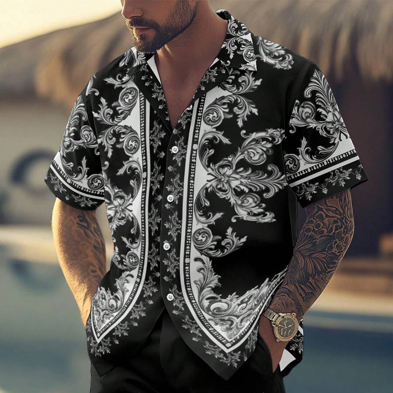 Men's Vacation Cashew Flower Print Short-sleeved Shorts Two-piece Set 77952749X