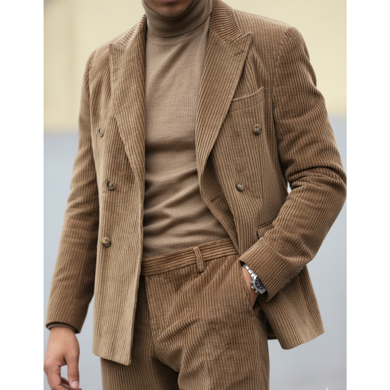 Men's Classic Camel Corduroy Double-Breasted Double-Slit Blazer MTA3095J7U