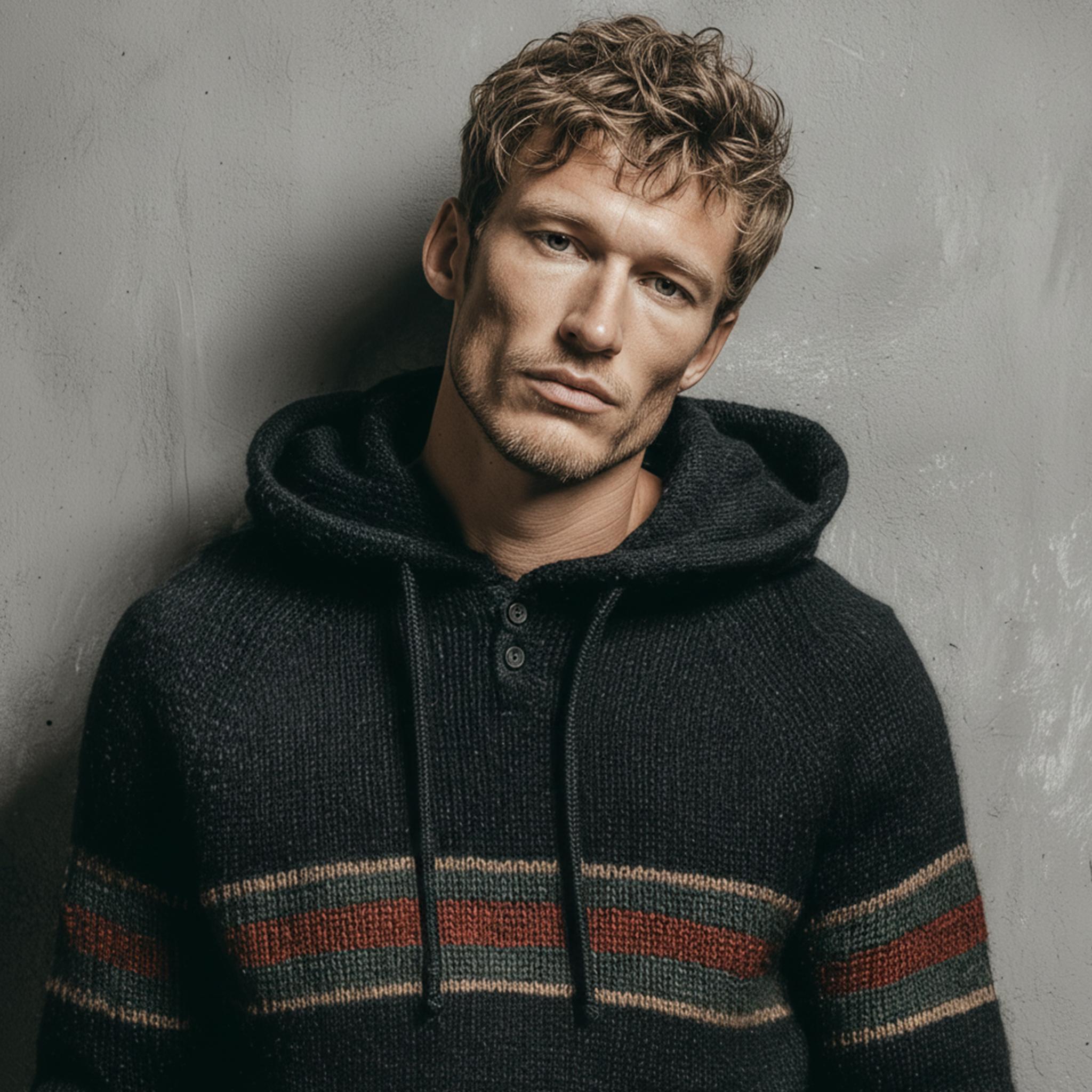 Men's Classic Casual Contrast Color Horizontal Stripe Patchwork Hooded Sweater MTA2918I5K