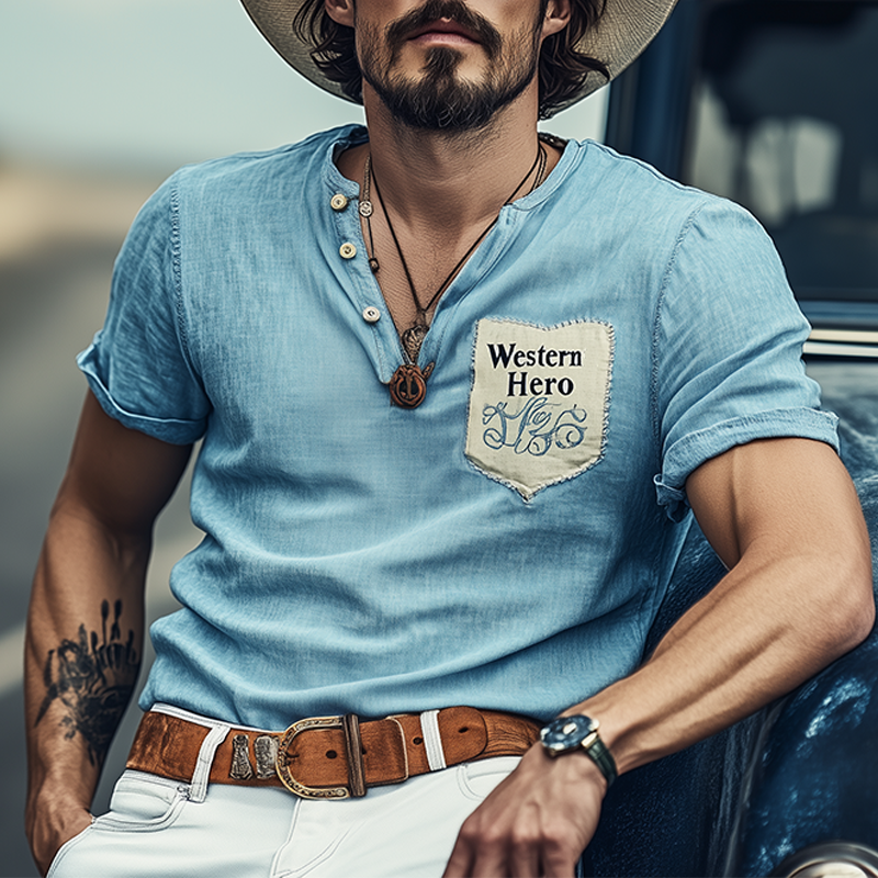 Men's Spring And Summer Fashion Casual Western Cowboy Style Tencel Denim Patchwork Embroidery Henry Collar Short Sleeve T-shirt MTA1686E3K