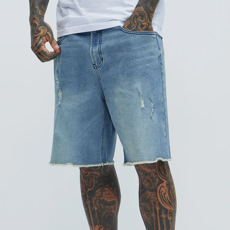Men's Spring And Summer Classic Casual Washed Denim Raw Edge Shorts MTA0940G0K