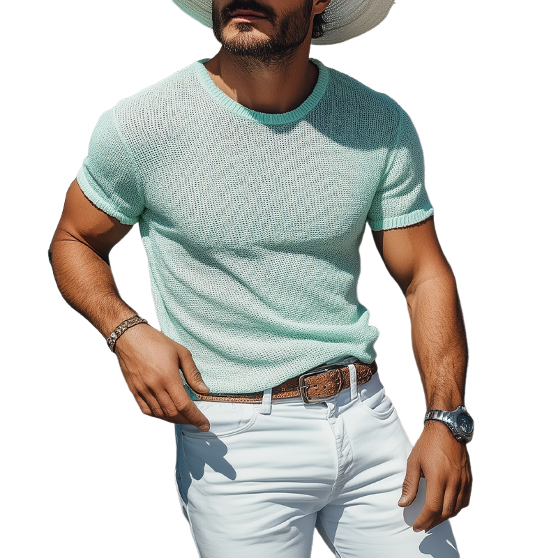 Men's Spring And Summer Fashion Casual Western Style Mint Green Slim Fit Knitted Short-sleeved T-shirt MTA1408E0K