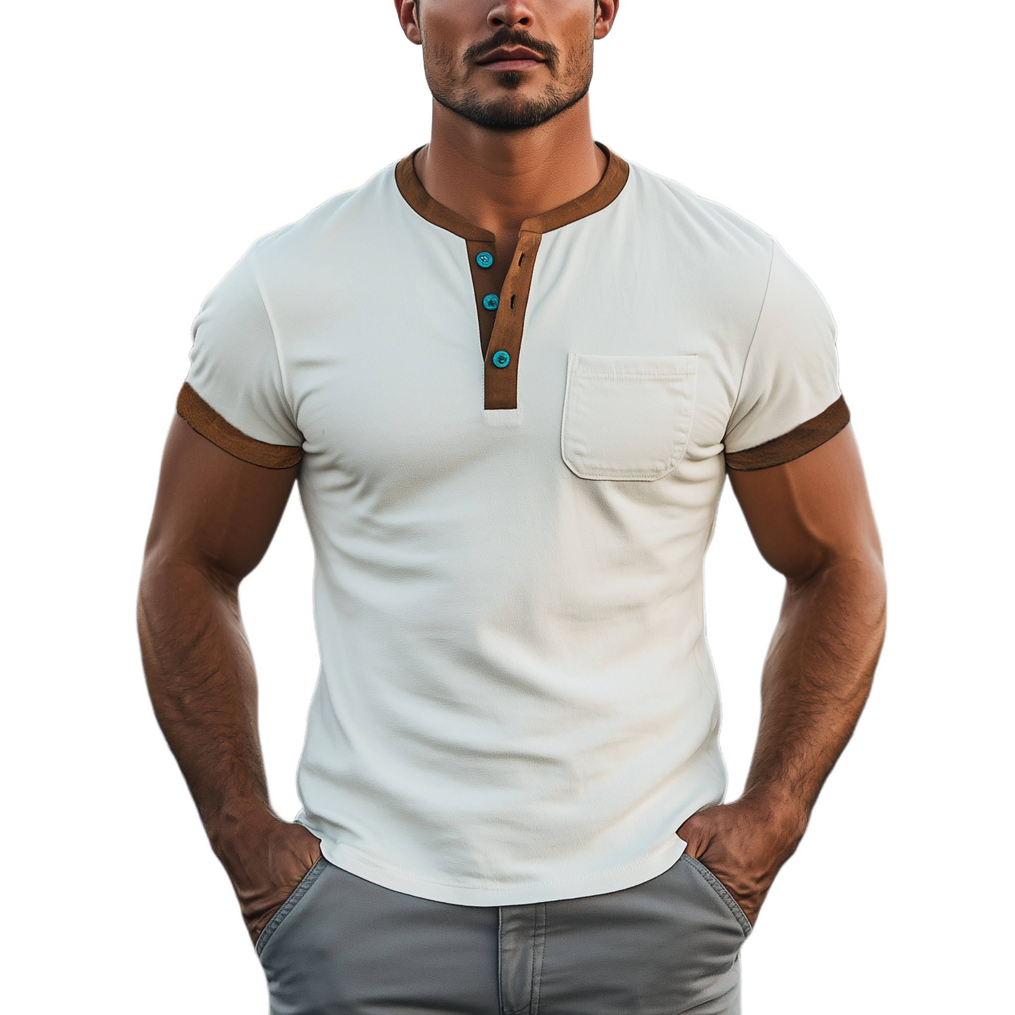 Men's Spring And Summer Casual Henley Collar Thin Suede Splicing Slim Short Sleeve T-shirt MTA2222G8K