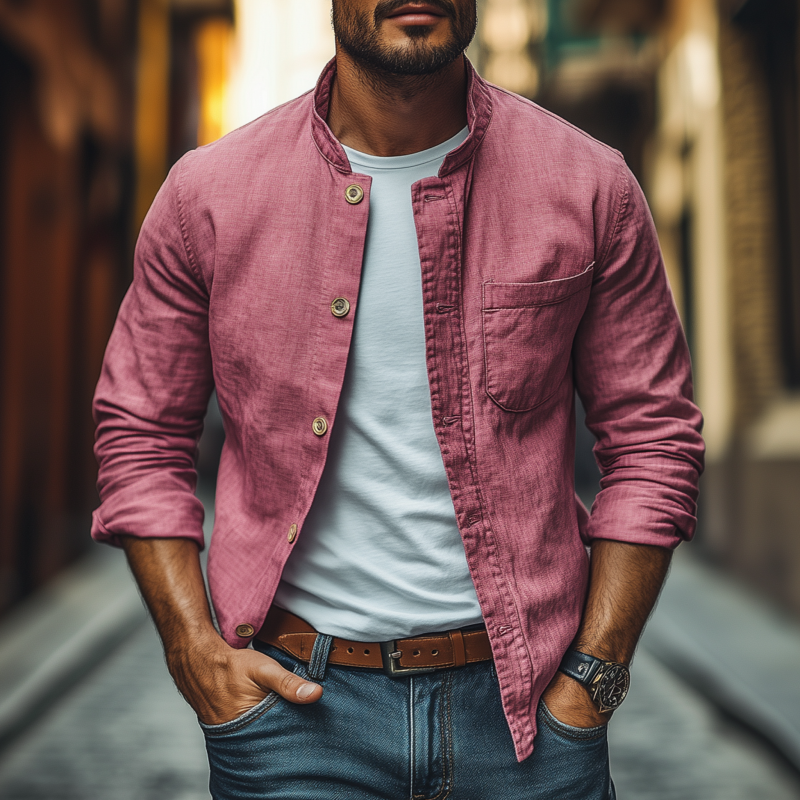 Men's Casual Breathable Cotton Stand Collar Single Breasted Patch Pocket Loose Long Sleeve Shirt MTA0382G4M