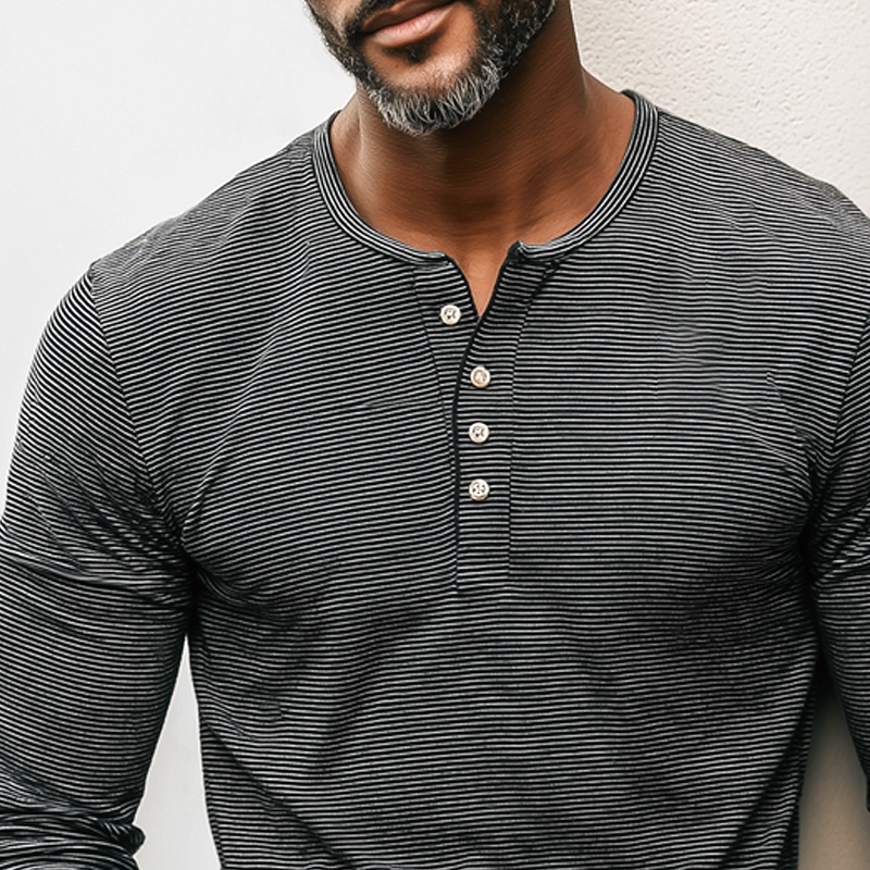 Men's Striped Henley Collar Long Sleeve T-shirt MTA2012H9Z