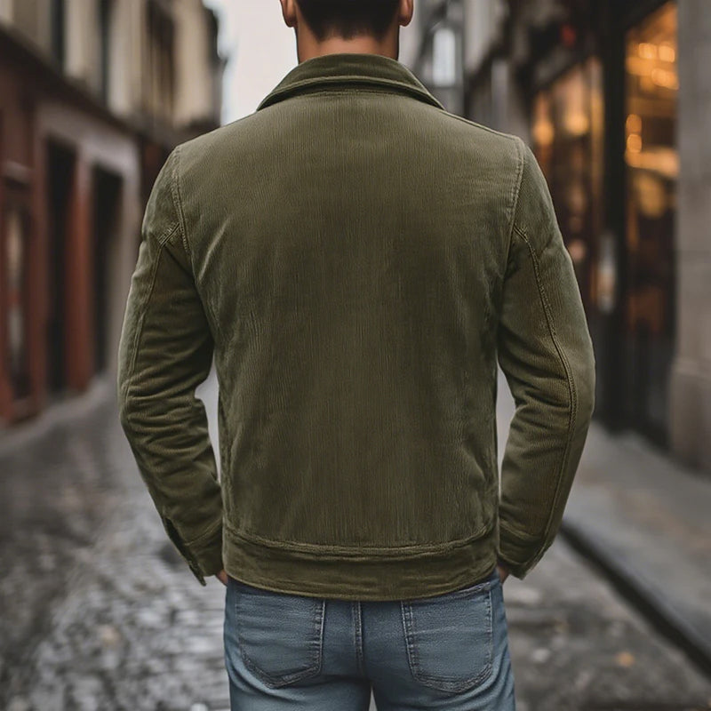 Men's Vintage Solid Color Corduroy Lapel Single Breasted Chest Pocket Cargo Jacket MTA3042G2M