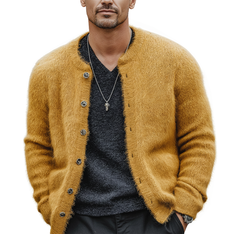 Men's Classic Mustard Yellow Faux Mink Fur Knitted Cardigan MTA1007L3U