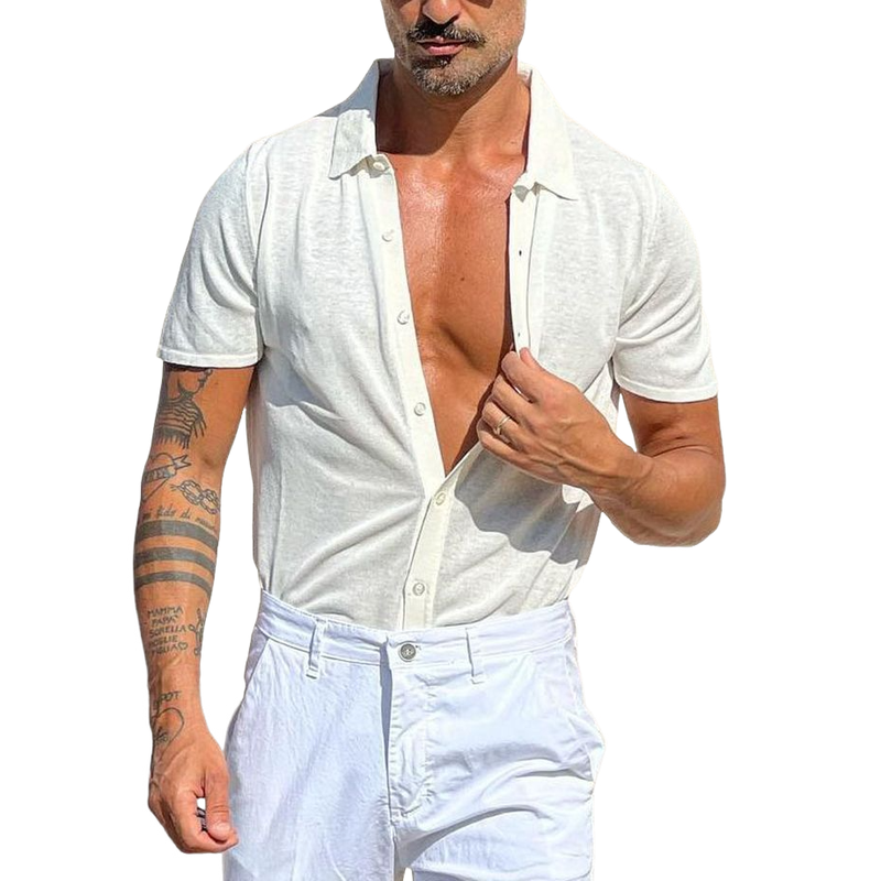 Men's Casual Cotton Lapel Single Breasted Short Sleeve Shirt 17091277M