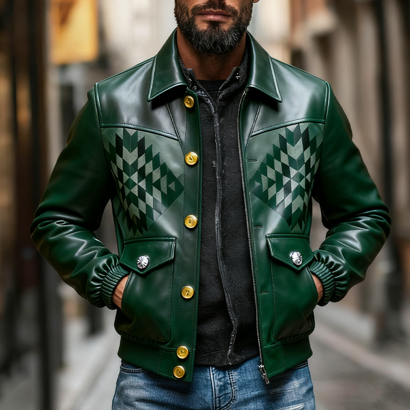 Men's Retro Geometric Print Lapel PU Single Breasted Jacket MTA2023J8X