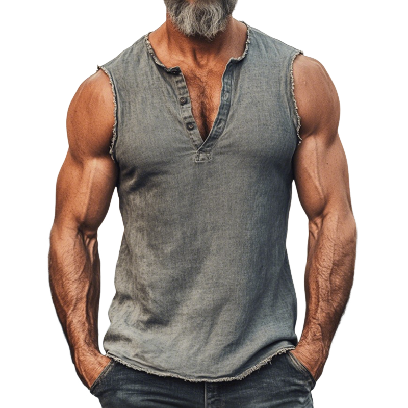 Men's Fashion Breathable Denim Washed Distressed Raw Edge Henry Collar Slim Fit Tank Top MTA0386G2M
