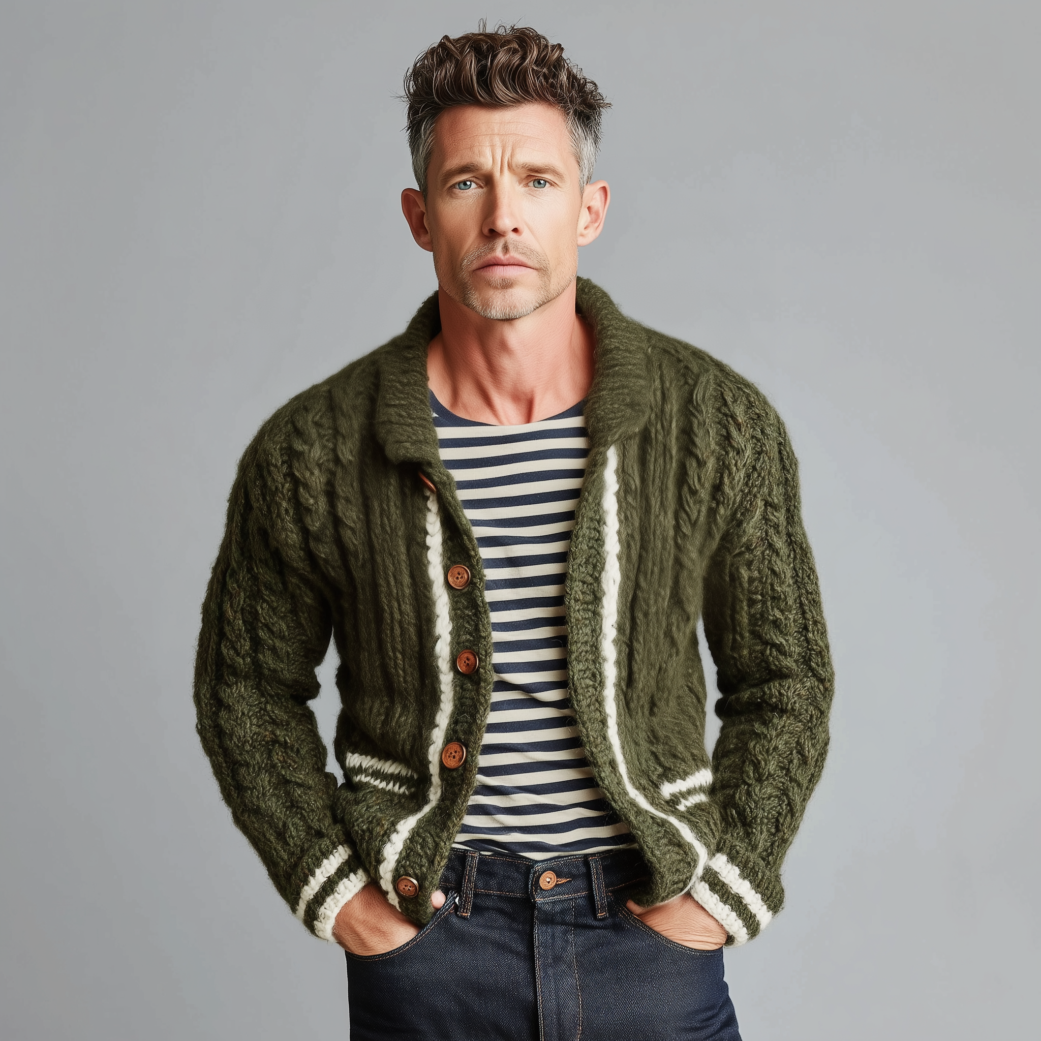 Men's Casual Fashionable Lapel White And Green Contrast Knitted Cardigan MTA1714J9K
