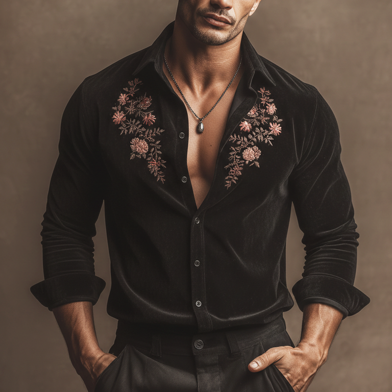 Men's Elegant Black Faux Suede Floral Embroidery Long-sleeved Shirt MTZ2259A1U