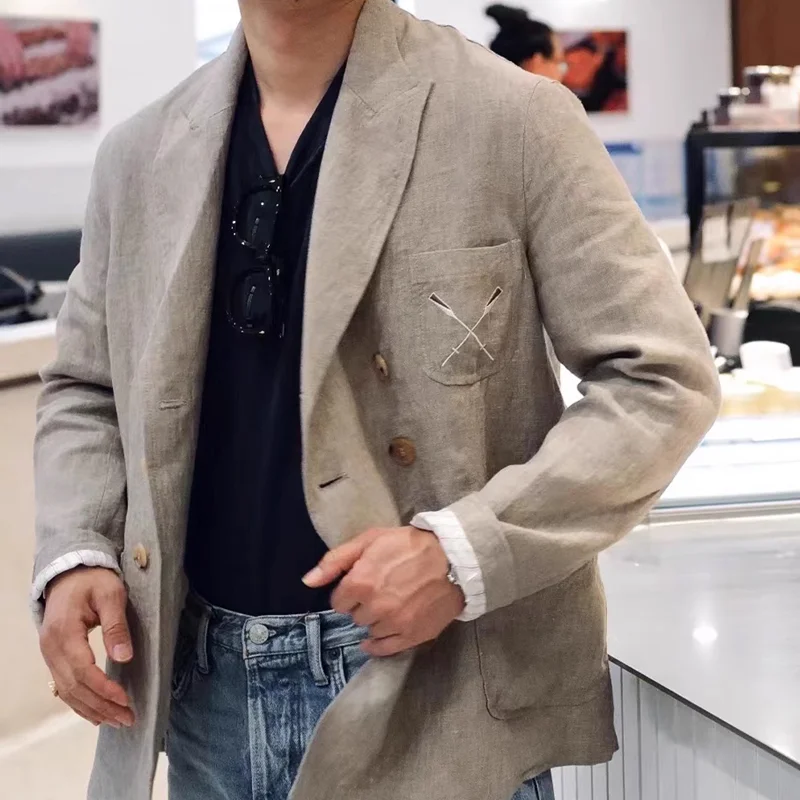 Men's Cotton And Linen Peak Lapel Double Breasted Casual Blazer MTA0725E5Z