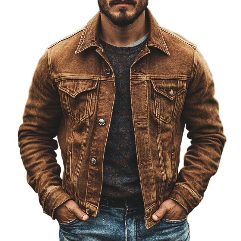 Men's Vintage Distressed Lapel Single-breasted Western Denim Jacket MTA1252I3X