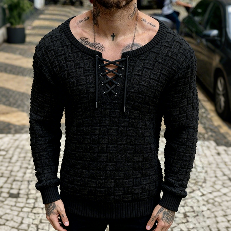 Men's Retro Casual Knitted Drawstring Crew Neck Pullover Sweater MTA1577J1TO