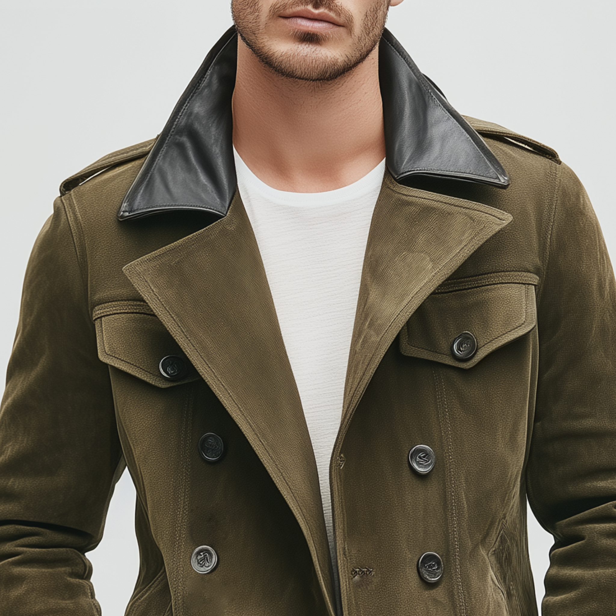 Men's Classic Retro Lapel PU Leather Double-breasted Multi-pocket Suede Jacket MTA0222I9K