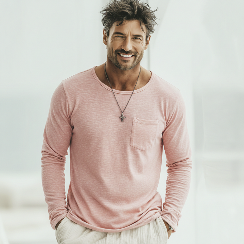 Men's Casual Light Pink High-stretch Knitted Crew Neck Long-sleeved T-shirt MTZ0547B4U