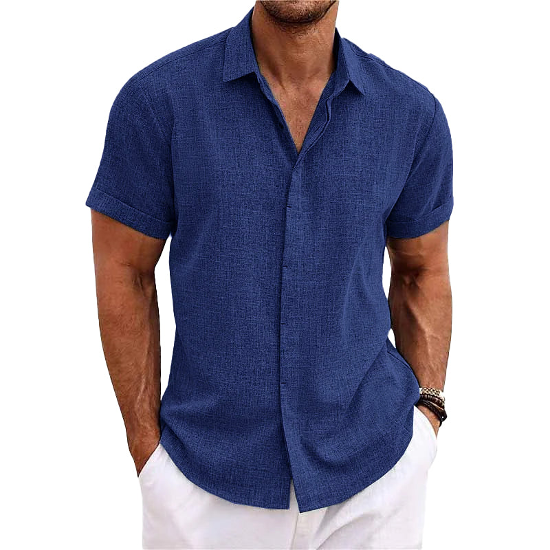 Camicia da uomo in cotone e lino a maniche corte con risvolto tinta unita 82339241X