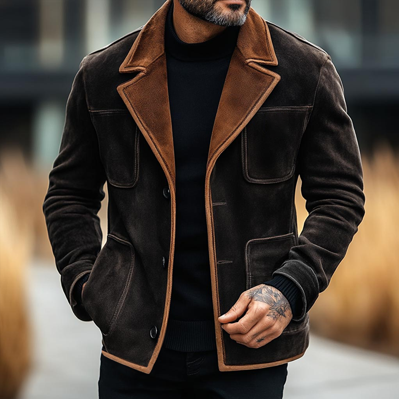 Veste blazer à simple boutonnage en daim colorblock à revers crantés et poches multiples pour homme 21898122Z