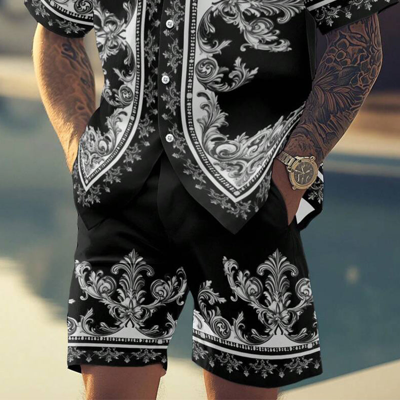 Men's Vacation Cashew Flower Print Short-sleeved Shorts Two-piece Set 77952749X