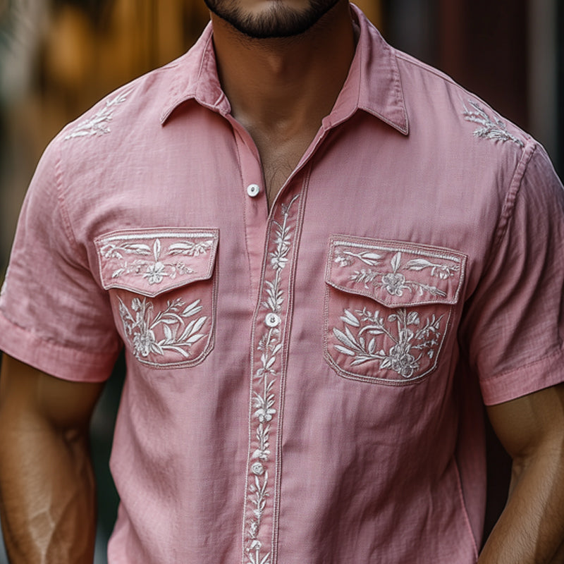 Men's Casual Pink Vintage Embroidered Blend Short-sleeved Shirt 73106502U