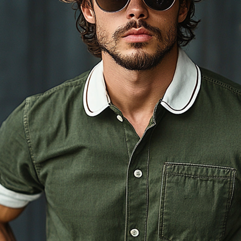 Men's Casual Cotton Contrast Color Short Sleeve Shirt MTA0349F8X