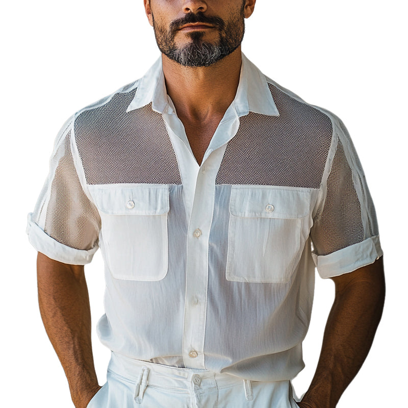 Men's Solid Color Stitching Multi-Pocket Short-Sleeved Shirt MTA2748E5X